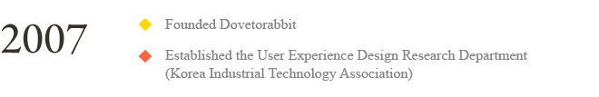 2007 : Founded Dovetorabbit
Established the User Experience Design Research Department
(Korea Industrial Technology Association) 