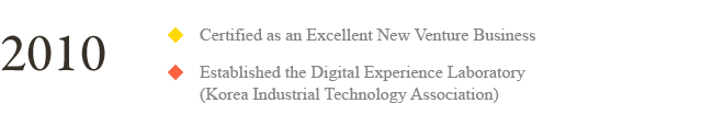 2010 : Certified as a new venture business,
		Established digital experience laboratory(Korea Industrial Technology Association